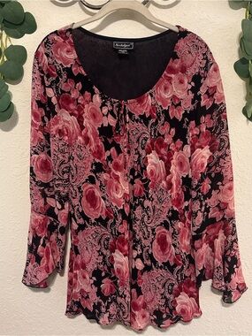 90s/Y2K Pink Floral Flare-Sleeved Fairy Top💕